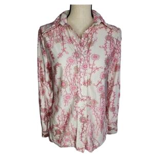 Vintage Loubella 70s Nylon Floral Long Sleeved Button Down Shirt Size Small